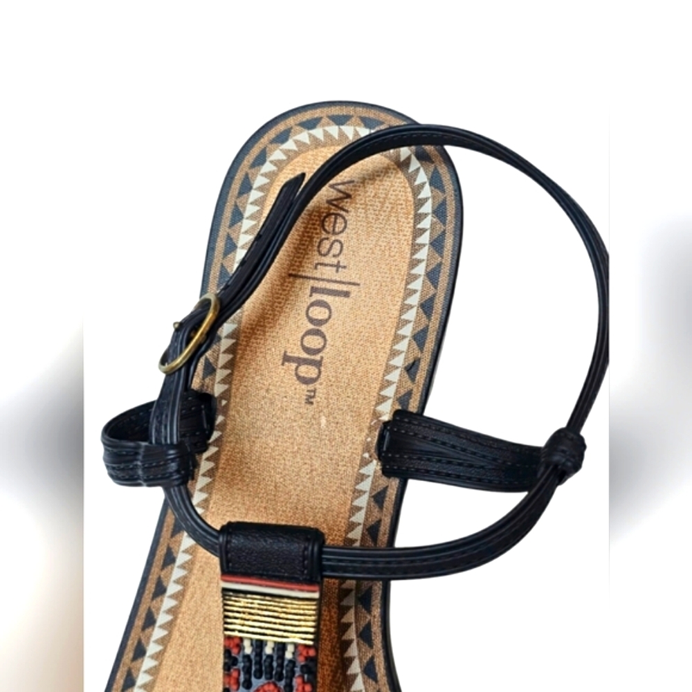 West Loop Western Aztec Shoes Rubber Beaded Black Rust Orange & Tan Sandals - Picture 6 of 8
